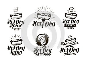 Hot dog logo or label. Fast food, eating emblem. Typographic design vector illustration