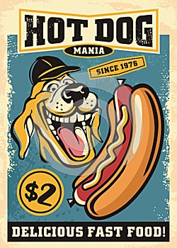 Hot dog mania retro poster with cartoon style dog graphic