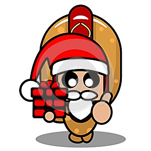 Hot dog mascot costume with holding christmas giff photo