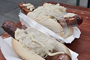 Hot dog with mustard and crauti