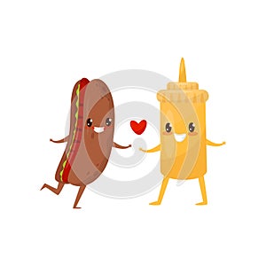 Hot dog and mustard are friends forever, fast food menu funny cartoon characters vector Illustration on a white