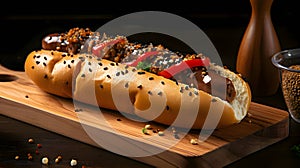 Hot dog with mustard, ketchup, cucumber and tomato on kitchen wooden board