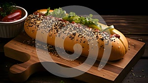 Hot dog with mustard, ketchup, cucumber and tomato on kitchen wooden board