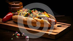 Hot dog with mustard, ketchup, cucumber and tomato on kitchen wooden board