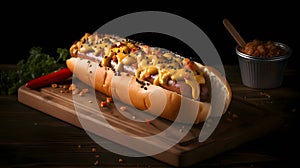 Hot dog with mustard, ketchup, cucumber and tomato on kitchen wooden board