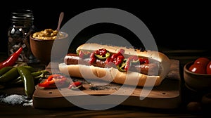 Hot dog with mustard, ketchup, cucumber and tomato on kitchen wooden board