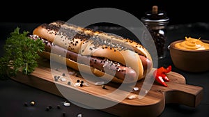 Hot dog with mustard, ketchup, cucumber and tomato on kitchen wooden board