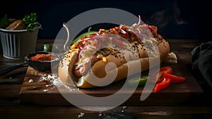 Hot dog with mustard, ketchup, cucumber and tomato on kitchen wooden board