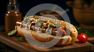 Hot dog with mustard, ketchup, cucumber and tomato on kitchen wooden board