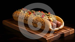 Hot dog with mustard, ketchup, cucumber and tomato on kitchen wooden board