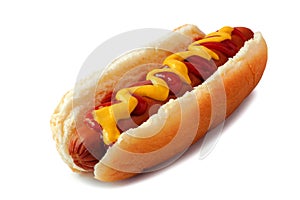 Hot dog with mustard and ketchup isolated on white