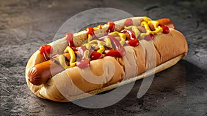 Hot dog with mustard, ketchup and mustard on a dark background.