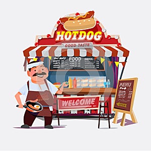 Hot-dog outdoor cart with seller. character desgin -