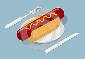 Hot dog on plate isometric. 3D fast food. Cutlery fork and knife
