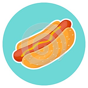 Hot dog, realistic hot dog icon with sausage, mustard and bun isolated on white background. Vector illustration