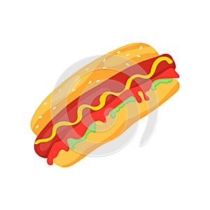 Hot dog, realistic hot dog icon with sausage, mustard and bun isolated on white background. Vector illustration