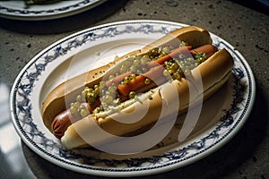 hot dog with relish and mustard on plate