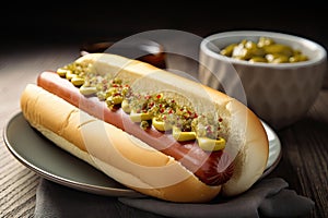 hot dog with relish and mustard on plate