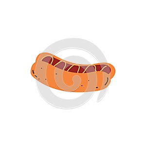 Hot dog sandwich with sausage, bun, ketchup and mustard, unhealthy fat fast food vector flat isolated illustration