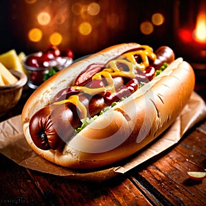 Hot dog, sausage with bread, popular fast food