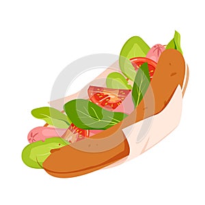 Hot dog with sausage and fresh vegetables, bun with wieners, green leaves and tomatoes