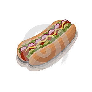 Hot dog with sausage, lettuce, radish, mustard, cucumber, white background