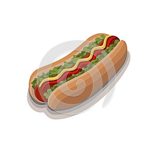 Hot dog with sausage, mustard, ketchup, lettuce leaves, white background