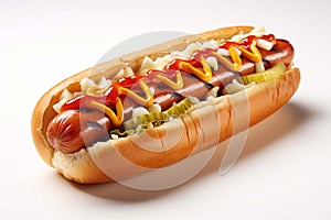 Hot dog with sausage on a white background. Generative AI