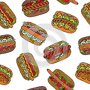 Hot Dog Seamless Endless Pattern. Many Ingredients. Restaurant or Cafe Menu Background. Street Fast Food Collection. Realistic Han