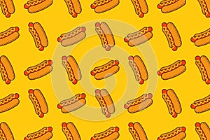 Hot dog seamless pattern on yellow background