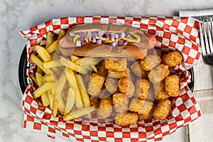 hot dog served with fries and tater tots