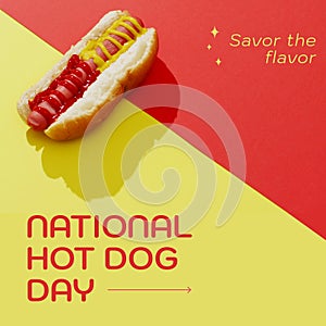 Hot dog served with tomato and mustard sauces and savor the flavor with national hot dog day text
