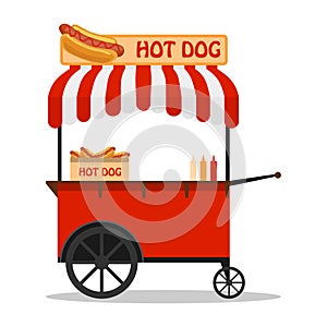 Hot dog, street cart. Fast food hot dog cart and street hot dog cart. Hot dog cart street food market, stand vendor service