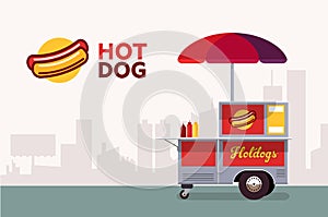 Hot dog street cart. Fast food stand vendor service. Kiosk seller business. Flat banner. Vector illustration.