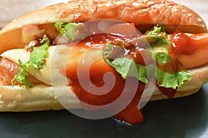Hot dog stuffed smoky pork sausage and slice cheese with lettuce dressing ketchup on dish