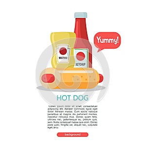 Hot dog. Tasty sausage in a bun. Vector illustration in flat sty