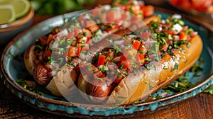 Hot Dog With Toppings on Plate