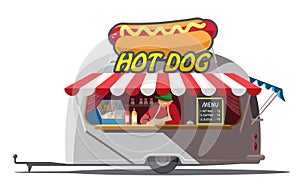 Hot dog trailer. Fast food. . Vector illustration