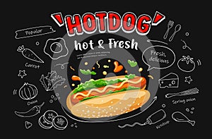 Hot dog vector, hot and fresh, food drawing black and white design