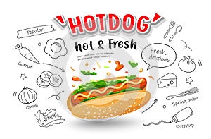 Hot dog vector, hot and fresh, with food drawing poster banner design