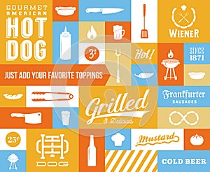 Hot Dog Vector Icon and Typography Set. Vintage