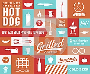 Hot Dog Vector Icon and Typography Set. Vintage