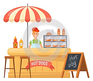 Hot dog vendor stall. Street retail cartoon stand