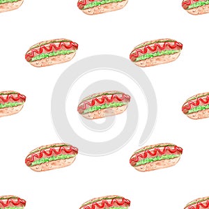 Hot dog watercolor seamless pattern on white background