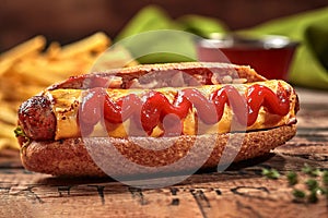 Hot dog in whole grain hoagie roll with sausage, cheese, tomato sauce
