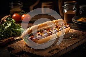 Hot dog on wooden plate