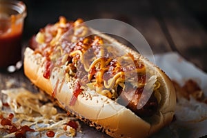 Hot dog on wooden plate