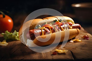 Hot dog on wooden plate. Generative AI