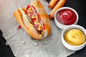 Hot Dog With Yellow Mustard, ketchup, Onion, Pickles and Tomatoes.