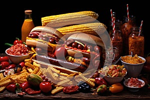 Hot dogs with fresh vegetables and sauces on wooden table. Black background, A barbecue with juicy burgers, hotdogs, and corn, AI